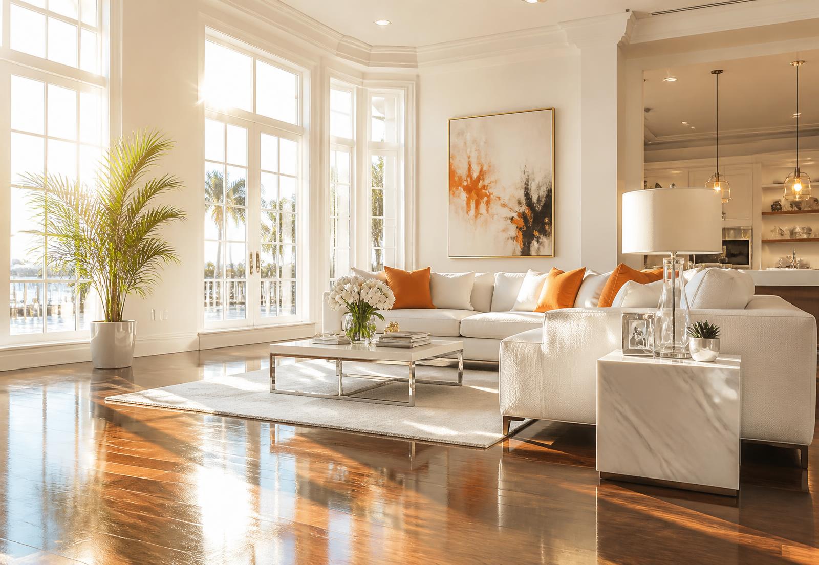 Immaculately clean luxury living room with sunlight and orange accents